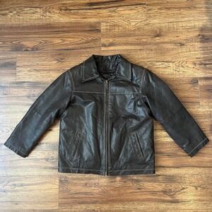 Vintage Brown Leather Jacket 3/4 Sleeve Women Small Minimalist Y2K 90s Utility